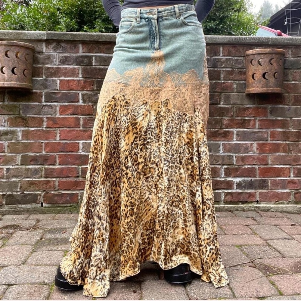 Leopard Print Denim Maxi Skirt